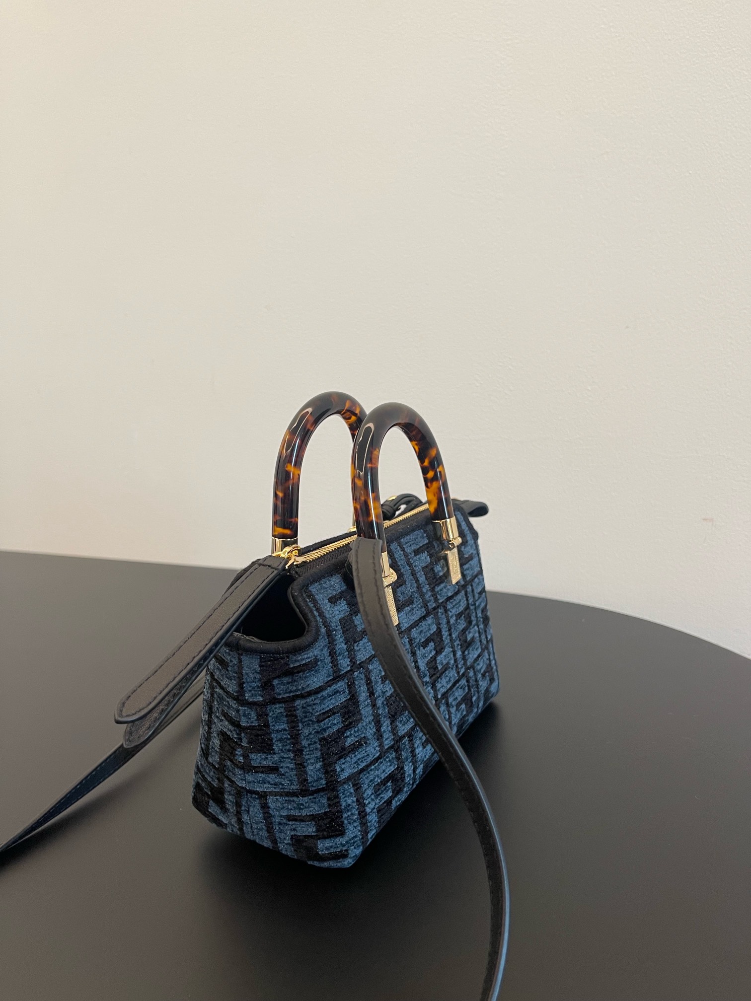 Fendi Mini By The Way FF Canvas Boston Shoulder Bag Dark Blue